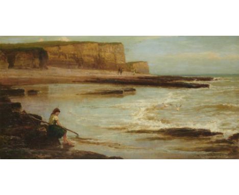 EDWIN JOHN ELLIS, RBA (1842-1895) SHRIMPERS IN A YORKSHIRE BAY  signed and indistinctly dated, oil on canvas, 38 x 75cm++Smal
