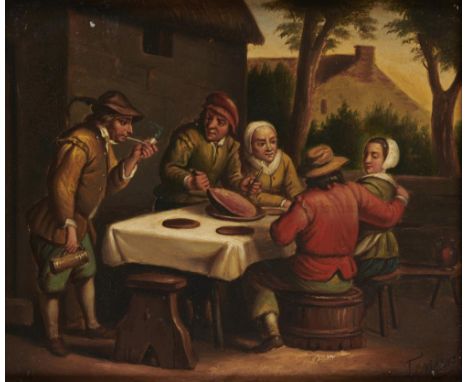 FOLLOWER OF DAVID TENIERS THE YOUNGER, PEASANTS FEASTING OUTSIDE AN INN a pair, both bear signature, oil on board, 16.5 x 19.