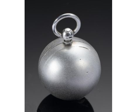 AN UNUSUAL VICTORIAN SPHERICAL SILVER COMBINATION VINAIGRETTE, PILL BOX AND LOCKET  3cm diam, by HW and L Dee and engraved fo