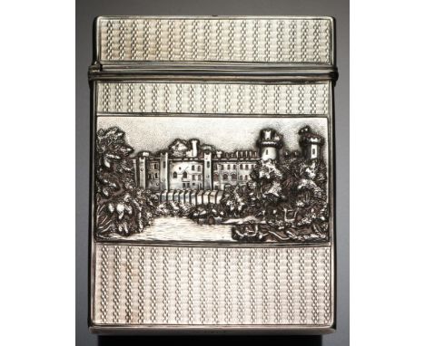 A VICTORIAN SILVER CASTLE TOP CARD CASE die stamped to either side with Warwick Castle or Kenilworth Castle and engine turned