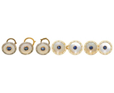 A SAPPHIRE AND MOTHER OF PEARL DRESS SET  comprising  cufflinks and three buttons, in gold marked 18++Light wear consistent w