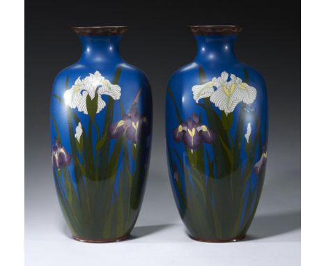 A PAIR OF JAPANESE CLOISONNÉ ENAMEL VASES, MEIJI PERIOD  with irises on a blue ground, 37cm h++One or two minute blemishes, o