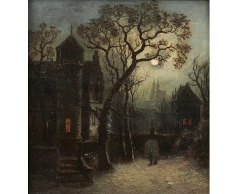 WALTER LINSLEY MEEGAN (1859-1944) A WINTRY WALK BY MOONLIGHT  oil on canvas, 20 x 20cm++Restored perhaps 30 to 40 years ago a