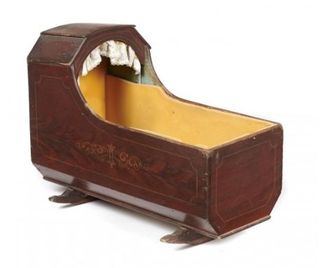 AN ENGLISH PAINTED WOOD CRADLE, FIRST HALF 19TH C  dark red-brown gained decoration and with outlined with stringing, 86cm l+