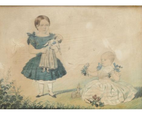 ENGLISH NAIVE ARTIST, 19TH CENTURY  DOUBLE PORTRAIT OF TWO CHILDREN  one holding a doll, watercolour, 18.5 x 15.5cm