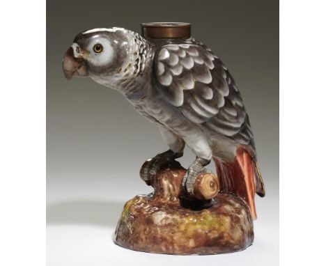 A STAFFORDSHIRE PORCELAIN GLASS EYED GREY PARROT NOVELTY OIL LAMP, C1885 22.5cm h excluding later fitment, impressed PODR mar