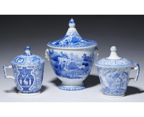 A SPODE BLUE PRINTED EARTHENWARE FRENCH COVERED CUSTARD CUP AND SUGAR BOWL AND COVER, C1830 with the Greek and Milkmaid patte