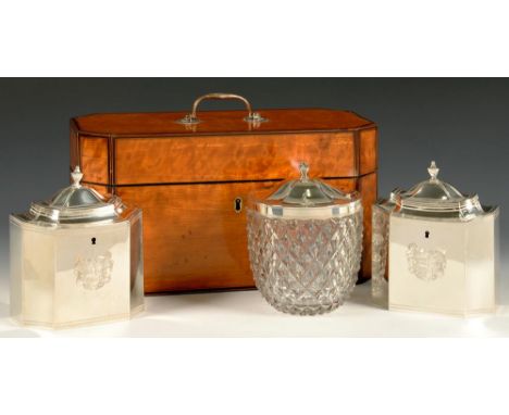 A PAIR OF GEORGE III SILVER TEA CADDIES AND SILVER MOUNTED CUT GLASS SUGAR BOWL   the tea caddies with integral hinge, engrav