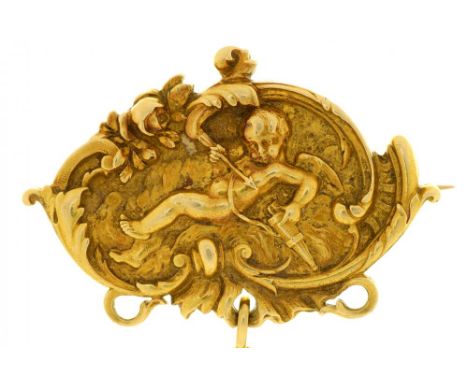 A FIN DE SIECLE CAST GOLD BROOCH, FRENCH, C1890  of Putto reclining on clouds, 3.2cm, control marks, 11g++Good condition with