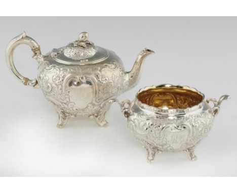A VICTORIAN GLOBULAR SILVER TEAPOT AND SUGAR BOWL EN SUITE the domed lid with melon knop, teapot 16.5cm h, by Wrangham &amp; 