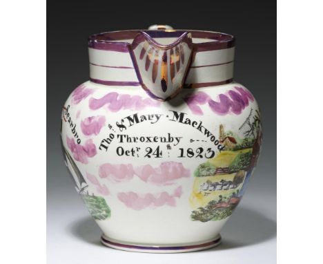 A SUNDERLAND LUSTRE JUG, 'GARRISON' POTTERY, DATED 1823 with prints coloured in bright enamels of ship and the Farmer's Arms,