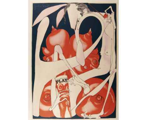 o†GERALD SCARFE, CBE (1936- ) HUGH HEFNER (THE PLAY BOY) 1969 lithograph by the Curwen Studio, signed by the artist in pencil