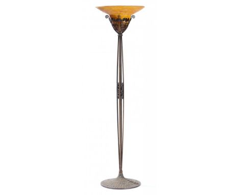 AN ART DECO GLASS AND WROUGHT-IRON UPLIGHTER FLOOR LAMP IN THE MANNER OF MULLER FRERES, C1930 175cm h++Complete and undamaged