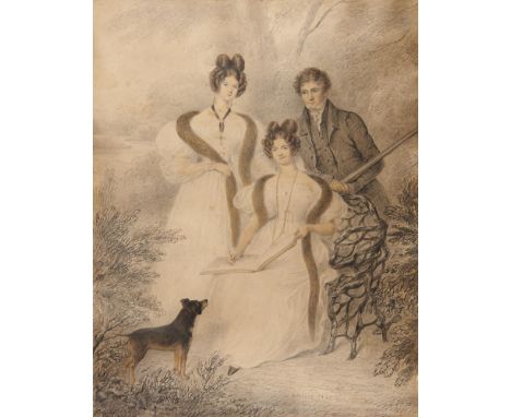 WILLIAM MOORE (1790-1851) TRIPLE PORTRAIT OF MICHAEL TASBURGH (ANNE) OF BURGHWALLIS HALL AND HIS TWO ELDER SISTERS MARY, MRS 