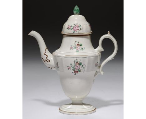 AN UNUSUAL  PEARLWARE OGEE TEAPOT AND COVER, C1810 with enamelled sprigs and green knop, outlined in sepia enamel, 25cm h++Go