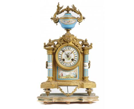 A FRENCH ORMOLU AND SEVRES STYLE PORCELAIN MOUNTED MANTLE CLOCK, LATE 19TH C  the pillared case surmounted by a two handled u