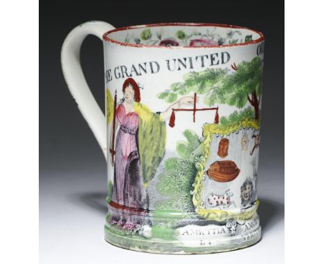 FRIENDLY SOCIETIES.  A MINIATURE PEARLWARE MUG, C1820 printed with the 'arms', motto and allegorical figures of THE GRAND UNI