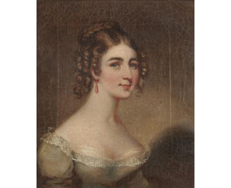 ENGLISH SCHOOL, EARLY 19TH CENTURY PORTRAIT OF A YOUNG WOMAN  in dove grey dress and coral earrings, bust length, oil on canv