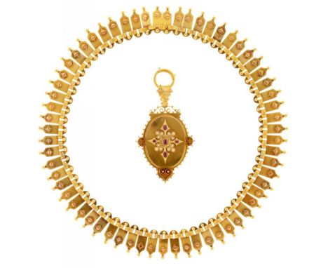 A VICTORIAN RUBY, SPLIT PEARL AND GOLD LOCKET AND CONTEMPORARY GOLD NECKLACE, C1890 51cm l, marked 15C, plush lined octagonal