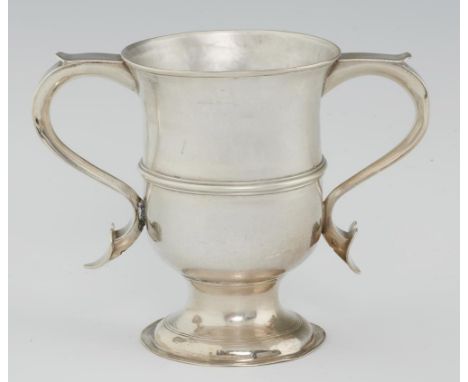 A GEORGE III SILVER LOVING CUP with reeded girdle, 13.5cm h, maker *M, London 1771, 11ozs 17dwts++One handle engraved with co