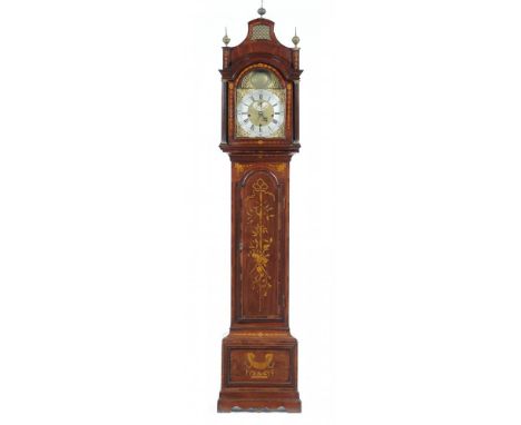 AN ENGLISH INLAID MAHOGANY AND PENWORK DECORATED MONTH DURATION LONGCASE CLOCK THE CASE GEORGE III, THE INLAID DECORATION AND