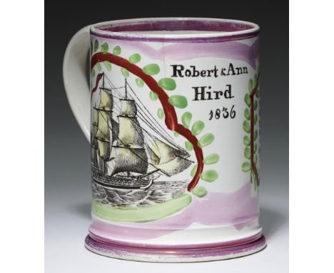 A NEWCASTLE LUSTRE  MUG DATED 1836 printed in black with ship and verse in burnt umber and green dash surround and inscribed 