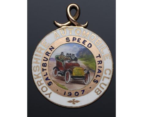 VETERAN MOTORING.  A RARE 9CT GOLD AND ENAMEL YORKSHIRE AUTOMOBILE CLUB SALTBURN SPEED TRIALS 1907 WATCH FOB MEDAL   rev. pla