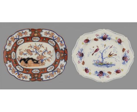 A JOHN &amp; WILLIAM RIDGWAY BLUE PRINTED AND ENAMELLED EARTHENWARE ORIENTAL BIRDS PATTERN MEAT DISH, C1820  53cm l and a 19t