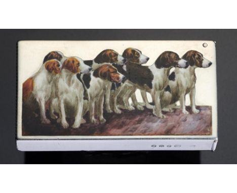 A VICTORIAN SILVER AND ENAMEL VESTA CASE  plain rectangular, the front with a group of foxhounds, 5.6cm h, by Sampson Mordan
