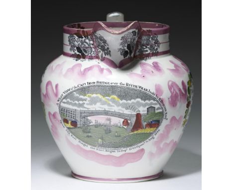 A SUNDERLAND PURPLE LUSTRE JUG, SCOTT'S SOUTHWICK POTTERY, C1840 with prints of the Wear Bridge, Sailor's Farewell and verse,