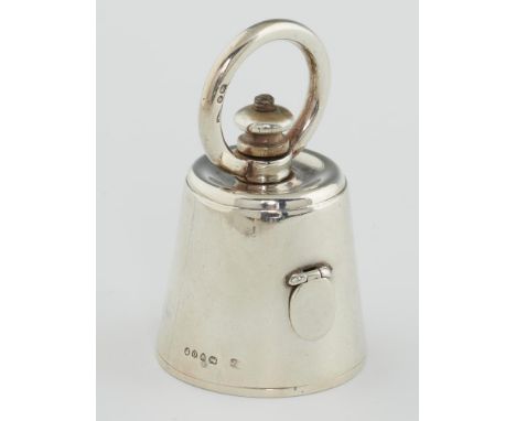 A VICTORIAN SILVER BELL WEIGHT NOVELTY PEPPER MILL 7.5cm h, maker J B, probably Joseph Braham, London 1889++Light wear consis