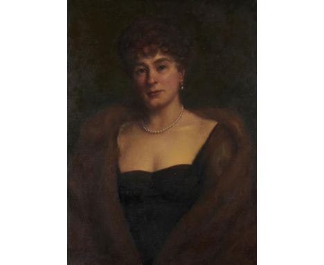 ENGLISH SCHOOL, EARLY 20TH CENTURY  PORTRAIT OF A LADY  bust length in a black dress and fur stole, indistinctly signed  oil 