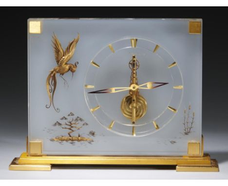 CHINOISE MARINA. A JAEGER LECOULTRE GILT BRASS AND LUCITE PENDULE BAGUETTE REF 350, C196016cm h, with jewelled 8 day  movemen