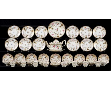 A STAFFORDSHIRE BONE CHINA TEA AND COFFEE SERVICE, C1825 painted with loose bouquets with a prominent rose and richly gilt, t