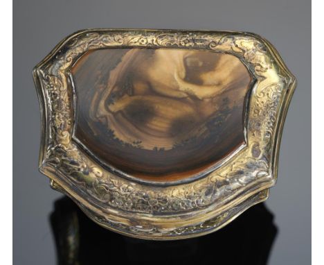 A CONTINENTAL SILVER GILT AND HARDSTONE CARTOUCHE SHAPED SNUFF BOX, PROBABLY GERMAN, MID 18TH C  the  brown stained agate ins