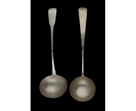 TWO GEORGE III AND GEORGE IV SILVER SOUP LADLES, ONE SCOTTISH Old English and Fiddle patterns respectively, maker's mark poor