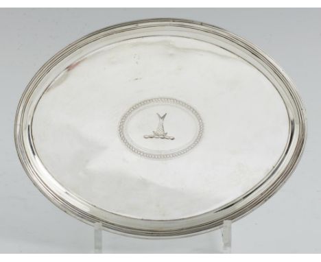 A GEORGE III OVAL SILVER SALVER  on four reeded feet, crested, 23cm l, by George Smith II and Thomas Hayter, London 1800, 12o