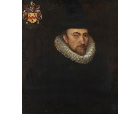 ENGLISH SCHOOL, 17TH CENTURY PORTRAIT OF A GENTLEMAN  bust length in  ruff and black hat, charged with a shield of arms and d