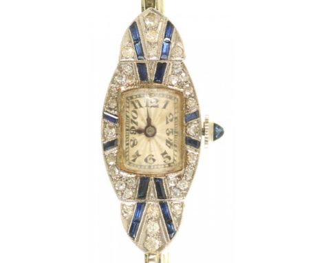 A P.W.C. ART DECO DIAMOND AND SAPPHIRE COCKTAIL WATCH, C1930 in platinum, marked platinum and numbered 1200, white gold brace