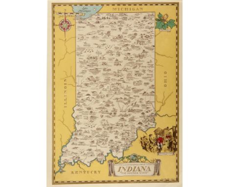 KARL SMITH AN HISTORICAL AND GEOGRAPHICAL MAP OF THE STATE OF INDIANA "THE HOOSIER STATE", JULY 1934  lithograph in colour, 6