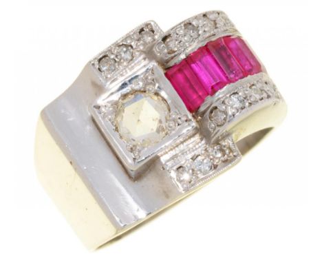 A RUBY AND DIAMOND COCKTAIL RING, C1930 the rose and brilliant cut diamonds approximately 0.5ct, in white metal, 11.5g, size 