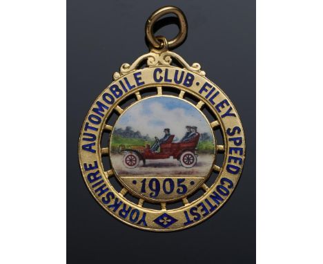 VETERAN MOTORING.  A RARE 18CT GOLD AND ENAMEL YORKSHIRE AUTOMOBILE CLUB FILEY SPEED CONTEST 1905 WATCH FOB MEDAL  rev plain,