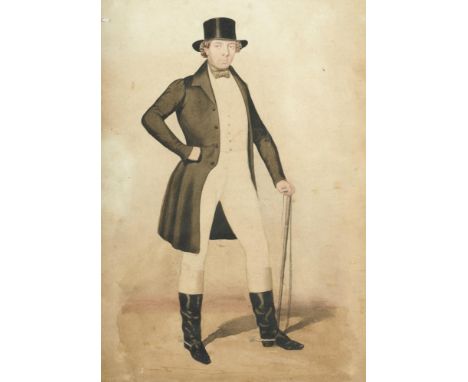 ENGLISH SCHOOL, 19TH CENTURY PORTRAIT OF A SPOTSMAN  full length, ink and watercolour, laid down on the original mount, 30 x 