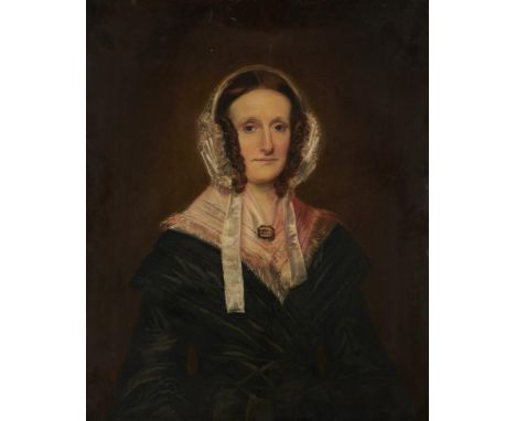 ENGLISH SCHOOL, MID 19TH CENTURY PORTRAIT OF A LADY seated half length in a black dress and lace cap, oil on canvas, 76 x 63c