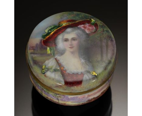 A FRENCH ENAMEL BOX AND COVER, C1900  painted with the head of a young woman in a continuous landscape, giltmetal lined, 8cm 
