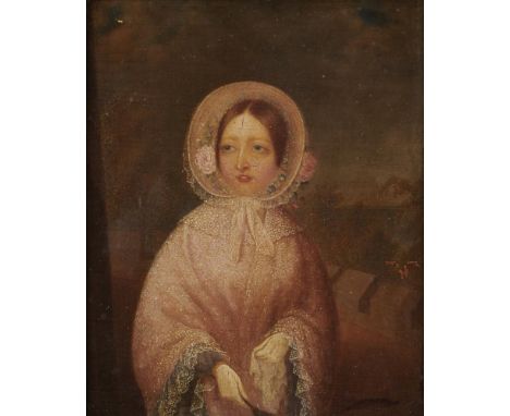 ENGLISH SCHOOL, 19TH CENTURY PORTRAIT OF A YOUNG GIRL  in lace trimmed pink dress, poke bonnet and white gloves,  half length