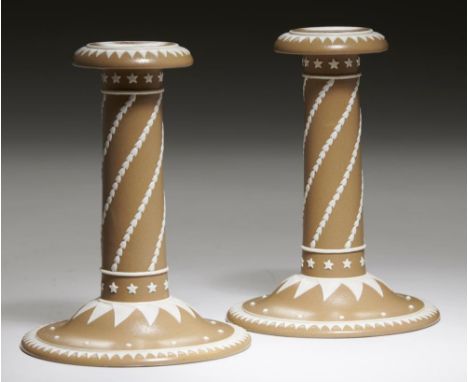 A PAIR OF SPODE BUFF DIPPED FELSPATHIC STONEWARE CANDLESTICKS, C1820 15cm h, one impressed Spode ++Good condition 