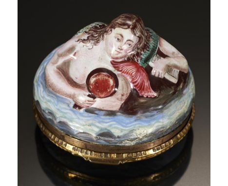 AN ENAMEL MERMAID BONBONNIERE, 19TH C  the lid painted with a naval engagement, 6cm l++Old overpainted restoration mainly aro