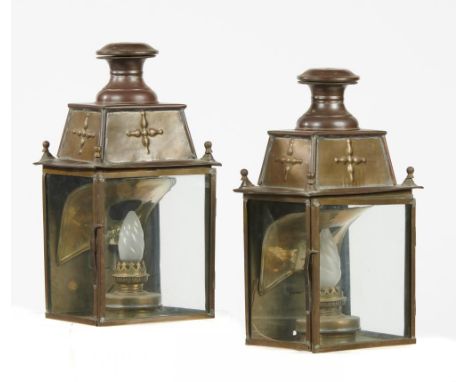 A PAIR OF SHEET BRASS BACK LANTERNS IN REGENCY STYLE, C EARLY 20TH C   51c m h++Some oxidisation and much dirt from long term