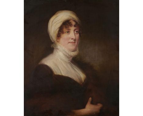 ENGLISH SCHOOL, EARLY 19TH CENTURY  PORTRAIT OF A LADY  bust length in a brown dress,  ruff and turban, oil on canvas, 76 x 6